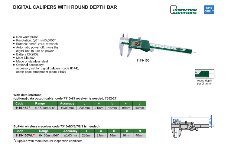 Digitálne posuvné meradlo 0-150 mm s guľatým hĺbkomerom, Insize