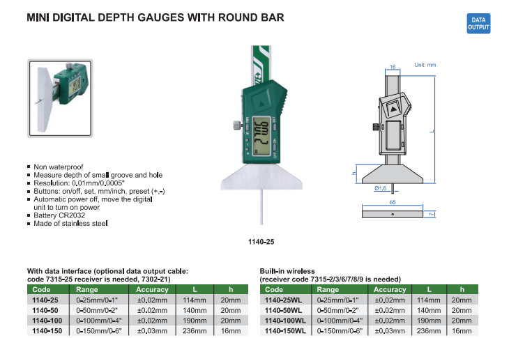 Digitálny mini hĺbkomer 0-100 mm s kruhovým dotykom, Insize