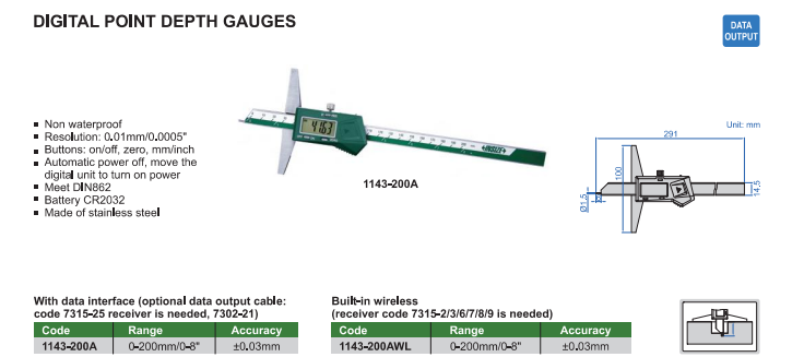Digitálny hĺbkomer 0-200 mm s predným dotykom, Insize