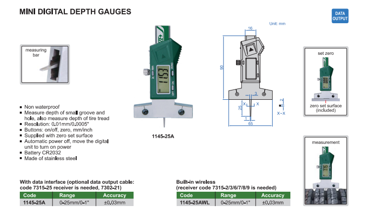 Digitálny mini hĺbkomer 0-25 mm s ihlovým dotykom, Insize