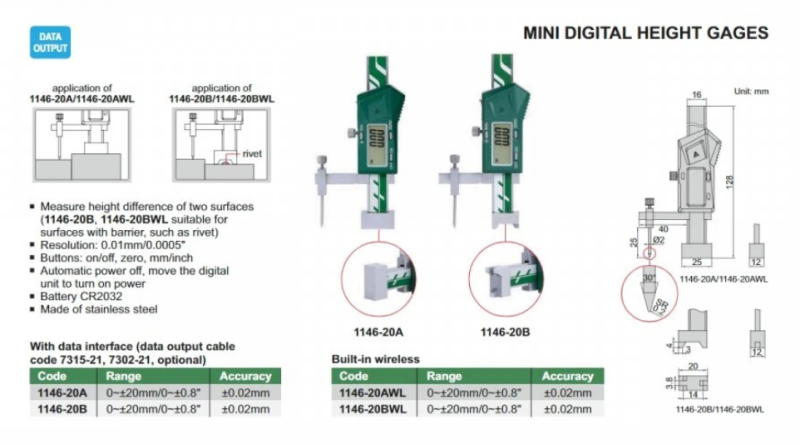 Digitálny výškomer mini 0-20 mm s plochou základňou, Insize