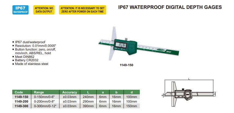 Digitálny hĺbkomer 0-200 mm IP67, Insize