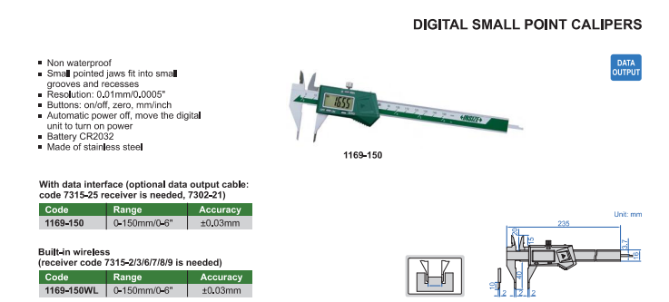 Digitálne posuvné meradlo 0-150 mm, so zúženými dotykmi, Insize