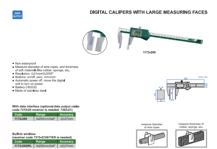 Digitálne posuvné meradlo 0-200 mm s veľkými meracími plochami, Insize