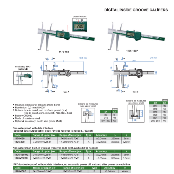 Digitálne posuvné meradlo 9-200 mm, na vnútorné zápichy typ 4, Insize