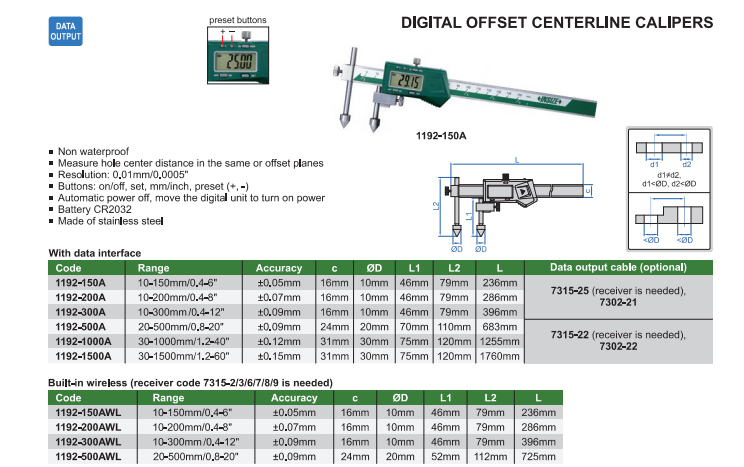 Digitálne posuvné meradlo 10-150 mm stred-stred, Insize