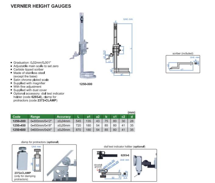 Analógový výškomer 0-450 mm s lupou, Insize