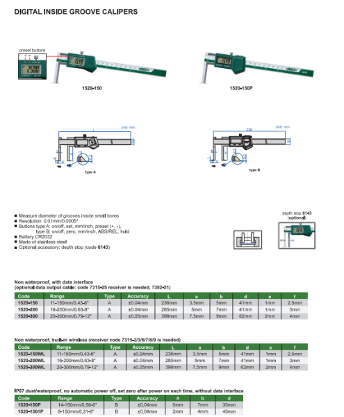 Digitálne posuvné meradlo 11-150 mm, na vnútorné zápichy typ 1, Insize