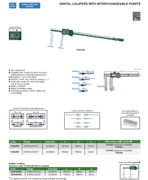 Digitálne posuvné meradlo 0-300 mm s vymeniteľnými dotykmi, Insize