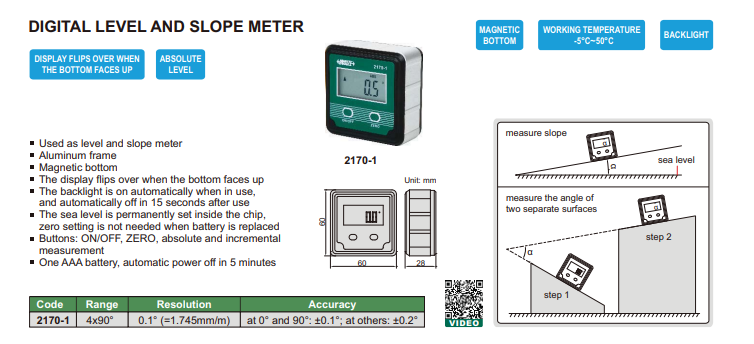 Digitálna vodováha a sklonomer 4x90°, Insize