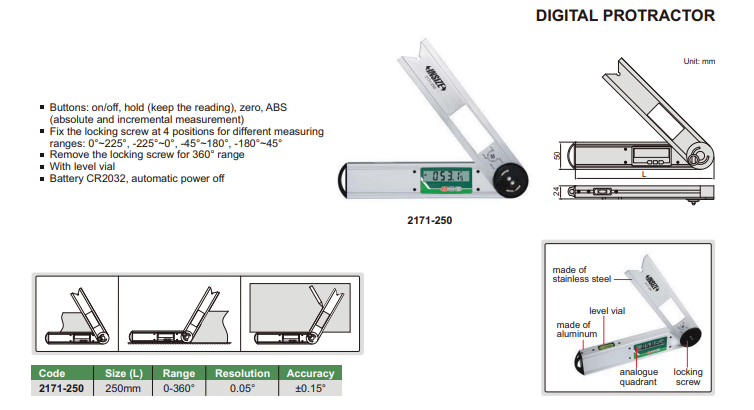 Digitálny uhlomer 0-360°, Insize