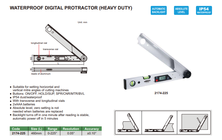 Vodeodolný digitálny uhlomer 0-225°, Insize