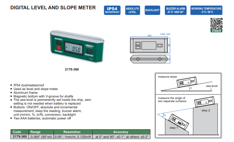 Digitálna magnetická vodováha a sklonomer 0-360°, Insize