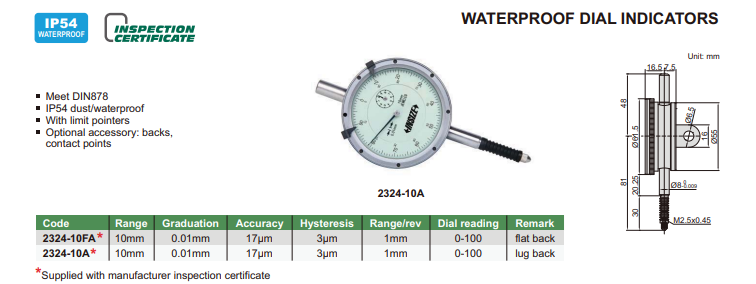 Číselníkový odchýlkomer 10 mm/0,01 mm s IP54, Insize