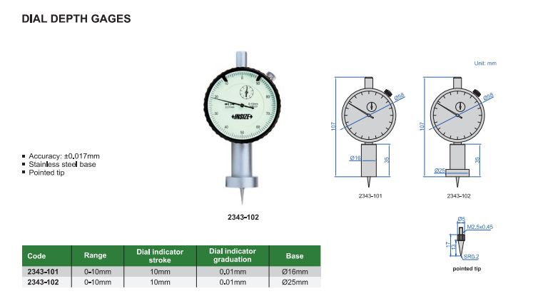 Analógový hĺbkomer 0-10 mm s kruhovou základňou, Insize