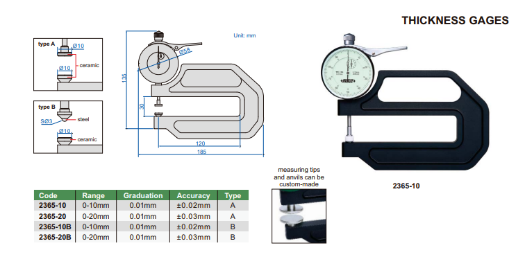 Číselníkový hrúbkomer 0-20 mm typ B, Insize