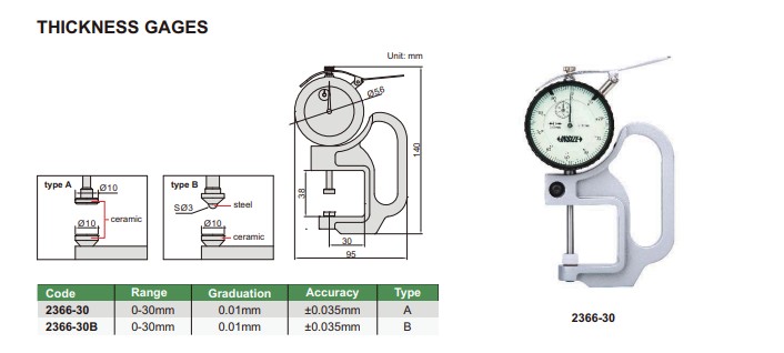 Číselníkový hrúbkomer 0-30 mm typ B, Insize