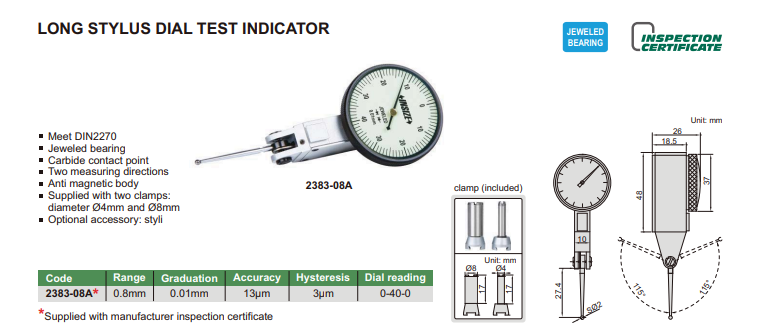 Páčkový odchýlkomer s dlhým dotykom 0,8 mm/0,01 mm, Insize