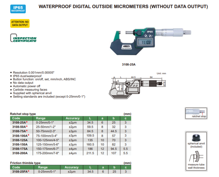 Digitálny mikrometer 125-150 mm IP65, Insize