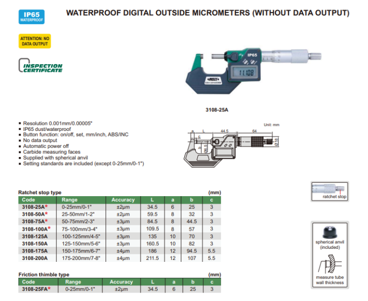 Digitálny mikrometer 150-175 mm IP65, Insize