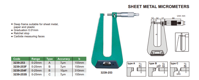 Analógový mikrometer 0-25 mm na meranie hrúbky plechu, typ B, Insize