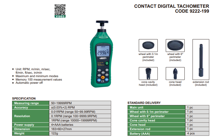 Digitálny kontaktný tachometer, Insize