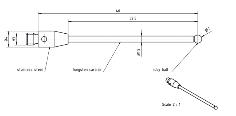 Dotyk s rubínovou guľôčkou L=40mm, D=4mm, závit M3, Mitutoyo