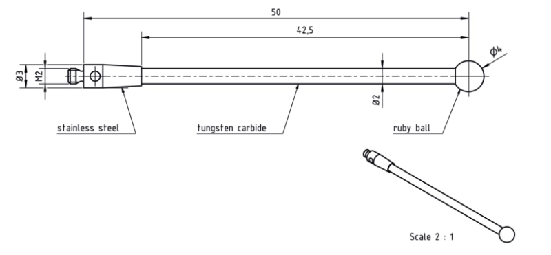 Dotyk s rubínovou guľôčkou L=50mm, D=3mm, závit M2, Mitutoyo
