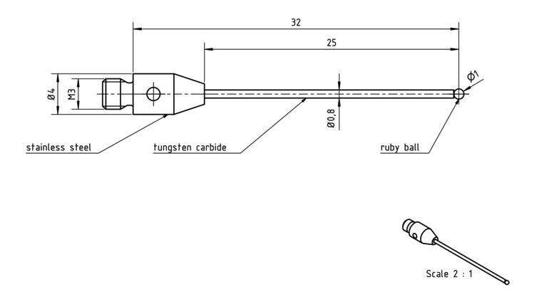 Dotyk s rubínovou guľôčkou L=32mm, D=4mm, závit M3, Mitutoyo
